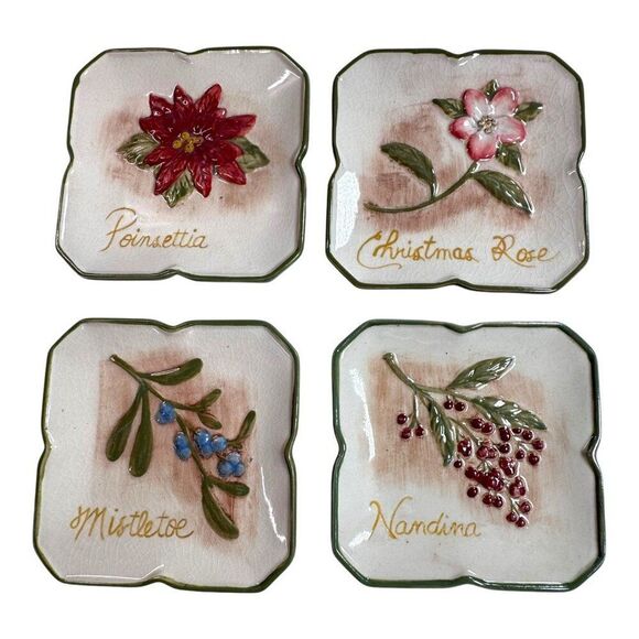 MWW Market BOTANICAL 4.5" Mini Plate Set 4 Winter Flowers Christmas Coasters - Picture 1 of 9